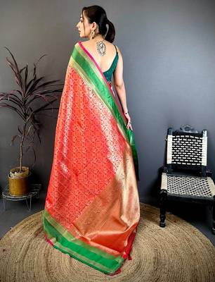 Women's red & pink soft silk banarasi saree with unstitched blouse 3