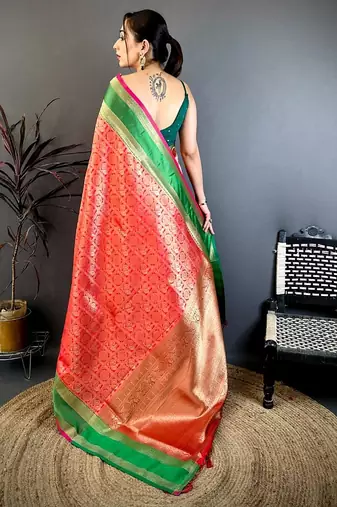 women's red & pink soft silk blend saree with unstitched blouse