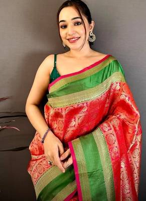 Women's red & pink soft silk banarasi saree with unstitched blouse 4