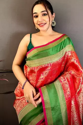 women's red & pink soft silk blend saree with unstitched blouse
