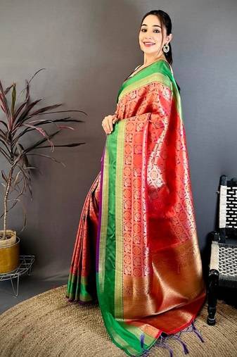 women's red & purple soft silk blend saree with unstitched blouse