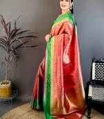 Women's red & purple soft silk banarasi saree with unstitched blouse