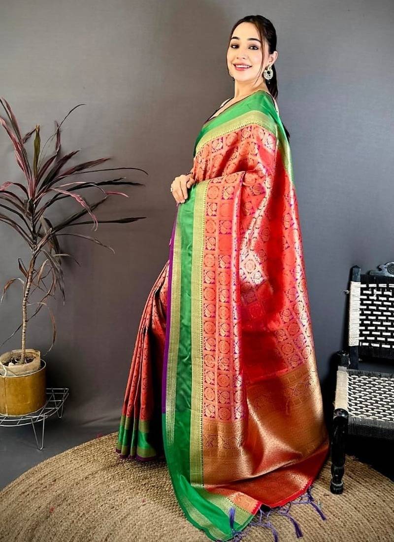 Women's red & purple soft silk banarasi saree with unstitched blouse
