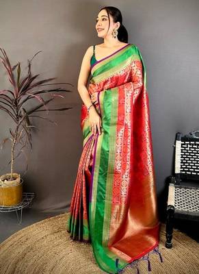 Women's red & purple soft silk banarasi saree with unstitched blouse 2
