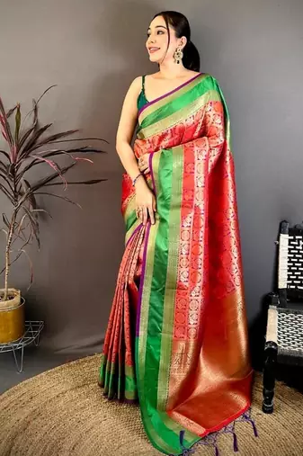 women's red & purple soft silk blend saree with unstitched blouse