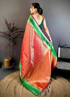 Women's red & purple soft silk banarasi saree with unstitched blouse 3