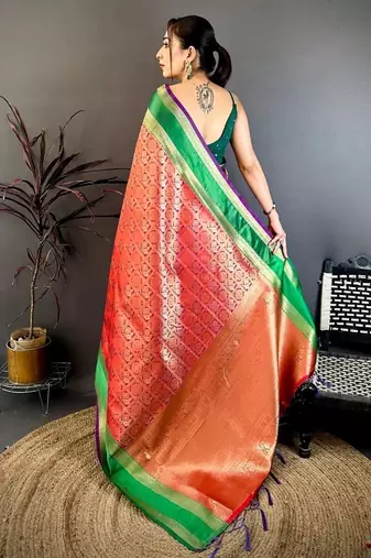 women's red & purple soft silk blend saree with unstitched blouse