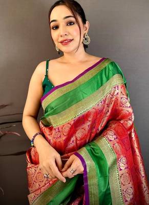 Women's red & purple soft silk banarasi saree with unstitched blouse 4
