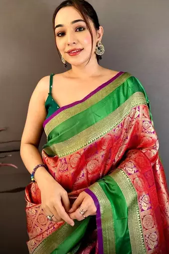 women's red & purple soft silk blend saree with unstitched blouse