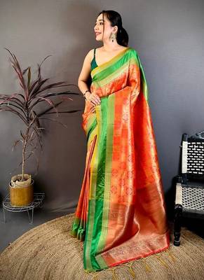 Women's red & yellow soft silk banarasi saree with unstitched blouse 1