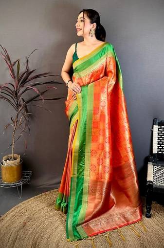 women's red & yellow soft silk blend saree with unstitched blouse
