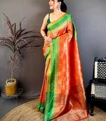 Women's red & yellow soft silk banarasi saree with unstitched blouse