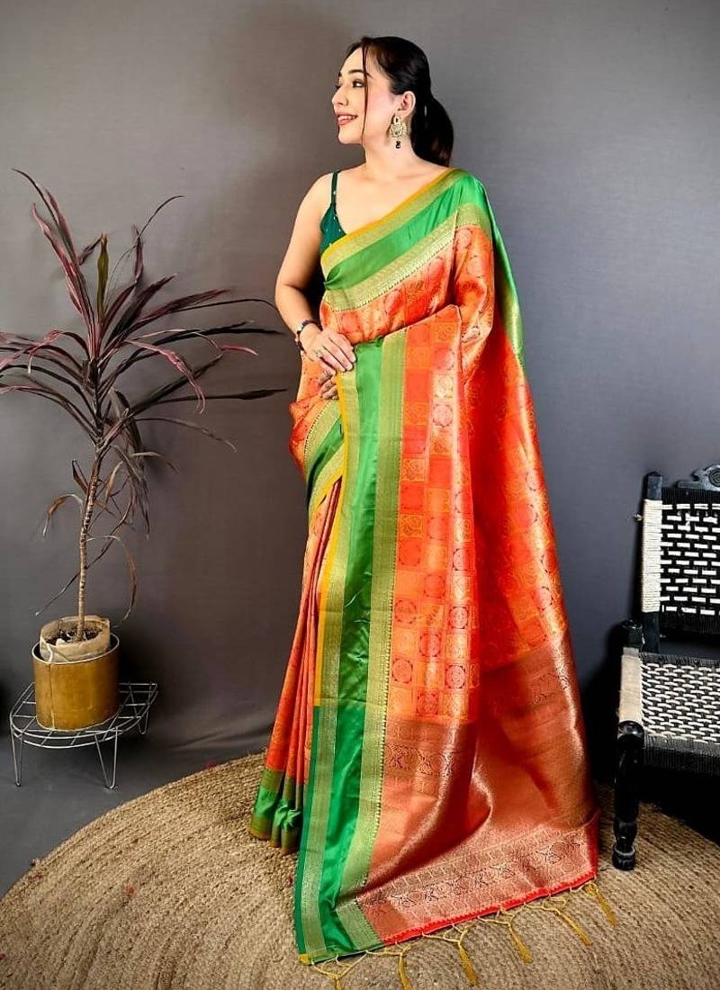 Women's red & yellow soft silk banarasi saree with unstitched blouse
