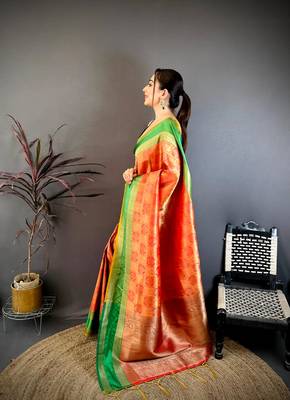 Women's red & yellow soft silk banarasi saree with unstitched blouse 2