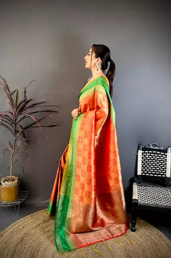 women's red & yellow soft silk blend saree with unstitched blouse