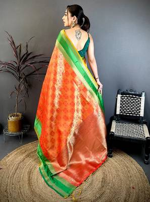Women's red & yellow soft silk banarasi saree with unstitched blouse 3