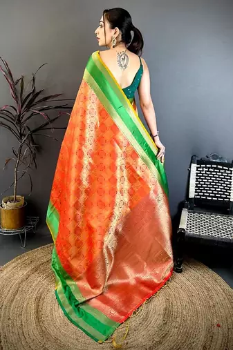 women's red & yellow soft silk blend saree with unstitched blouse