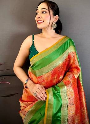 Women's red & yellow soft silk banarasi saree with unstitched blouse 4