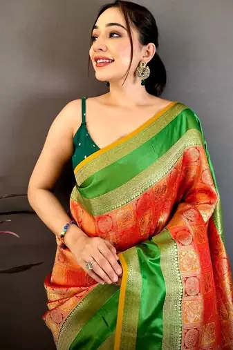 women's red & yellow soft silk blend saree with unstitched blouse