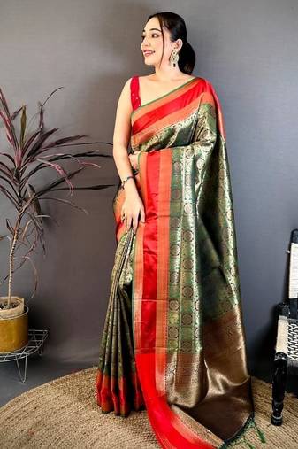 women's green & red soft silk blend saree with unstitched blouse