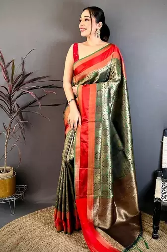 women's green & red soft silk blend saree with unstitched blouse