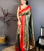 Women's green & red soft silk banarasi saree with unstitched blouse