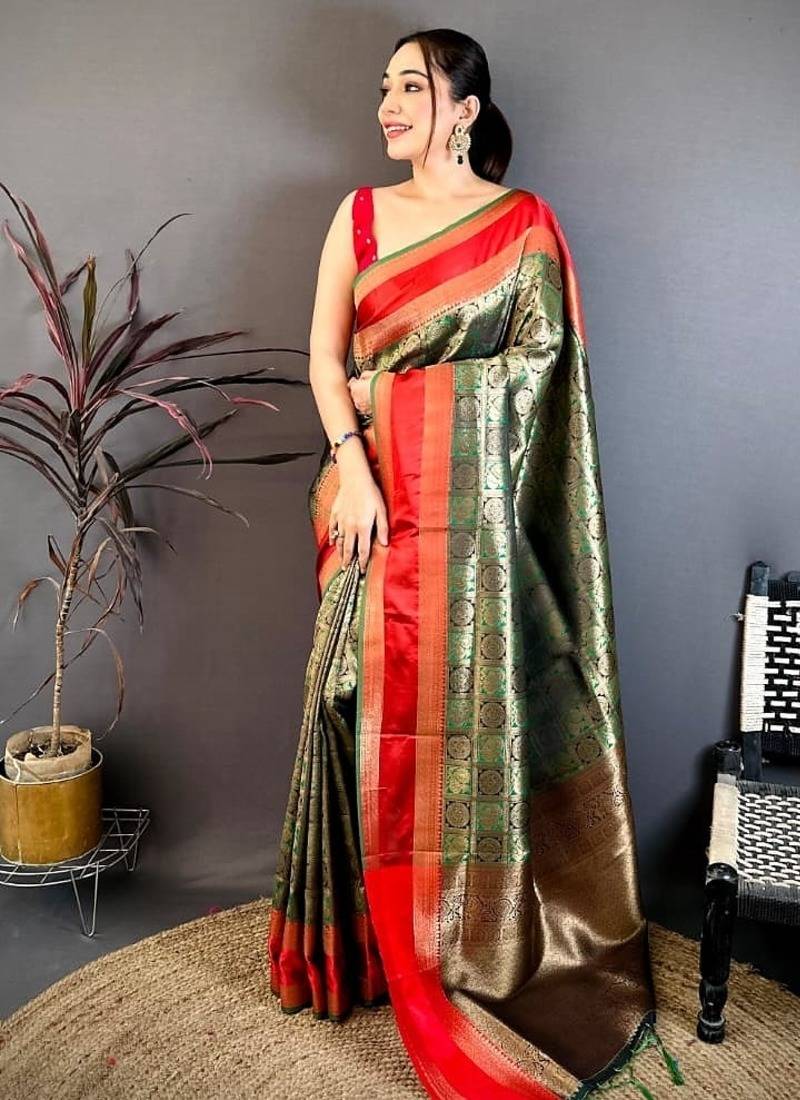 Women's green & red soft silk banarasi saree with unstitched blouse