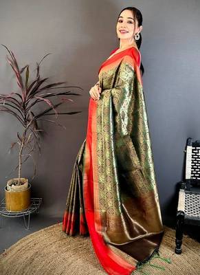 Women's green & red soft silk banarasi saree with unstitched blouse 2