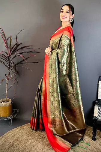 women's green & red soft silk blend saree with unstitched blouse