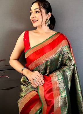 Women's green & red soft silk banarasi saree with unstitched blouse 4