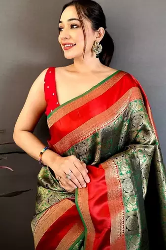 women's green & red soft silk blend saree with unstitched blouse