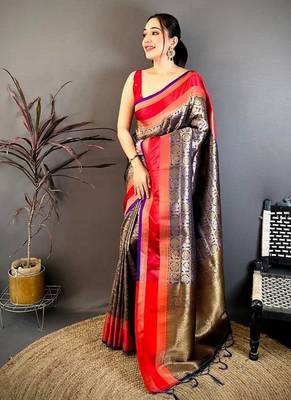 Women's green & purple soft silk banarasi saree with unstitched blouse 1