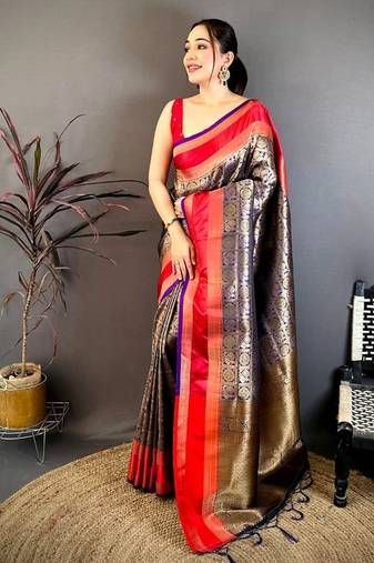 women's green & purple soft silk blend saree with unstitched blouse
