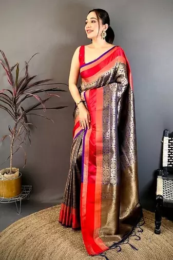 women's green & purple soft silk blend saree with unstitched blouse