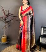 Women's green & purple soft silk banarasi saree with unstitched blouse