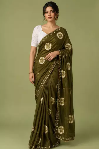 Mehndi floral chiffon ethnic saree