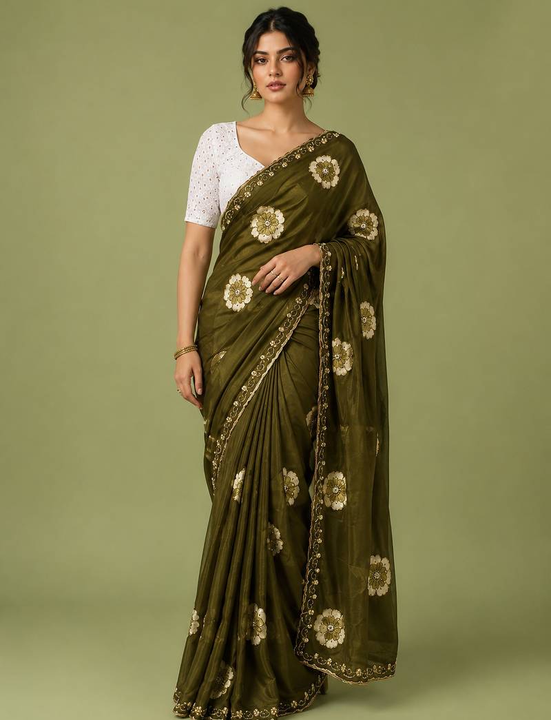 Mehndi floral chiffon ethnic saree