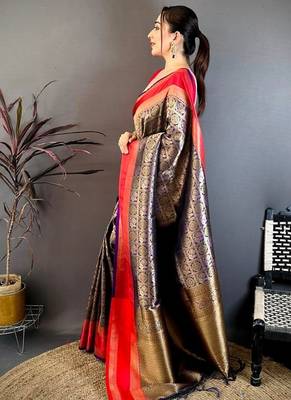 Women's green & purple soft silk banarasi saree with unstitched blouse 2