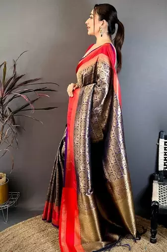 women's green & purple soft silk blend saree with unstitched blouse