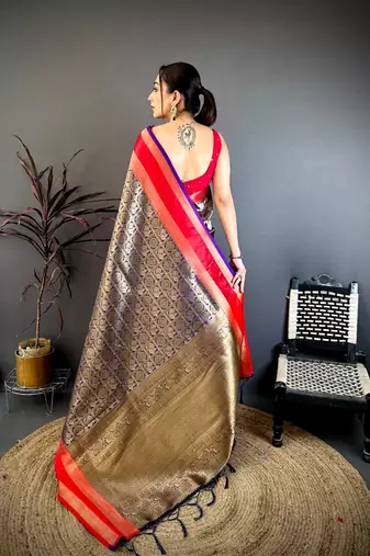 women's green & purple soft silk blend saree with unstitched blouse