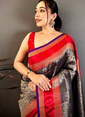 Women's green & purple soft silk banarasi saree with unstitched blouse 4