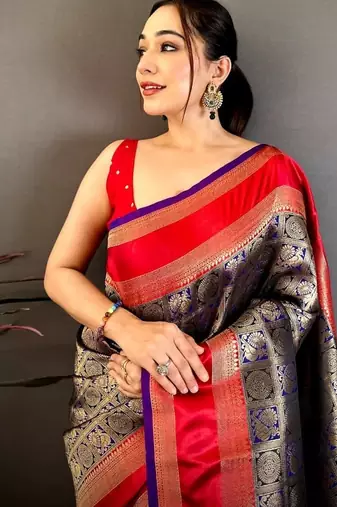 women's green & purple soft silk blend saree with unstitched blouse