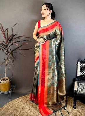 Women's sea green soft silk banarasi saree with unstitched blouse 1