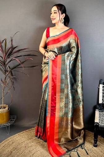 women's sea green soft silk blend saree with unstitched blouse