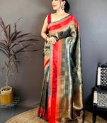 Women's sea green soft silk banarasi saree with unstitched blouse