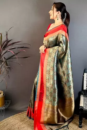 women's sea green soft silk blend saree with unstitched blouse