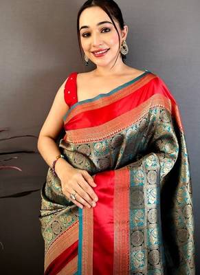 Women's sea green soft silk banarasi saree with unstitched blouse 3