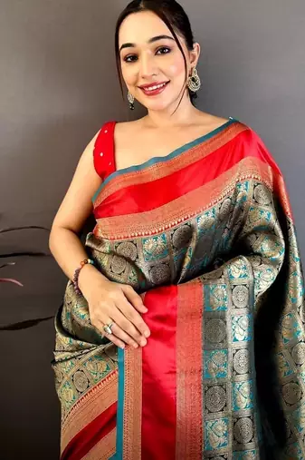women's sea green soft silk blend saree with unstitched blouse