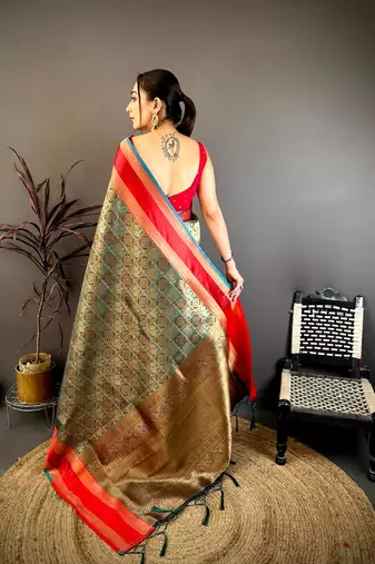 women's sea green soft silk blend saree with unstitched blouse