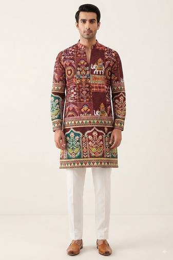 V neck printed kurta for men 